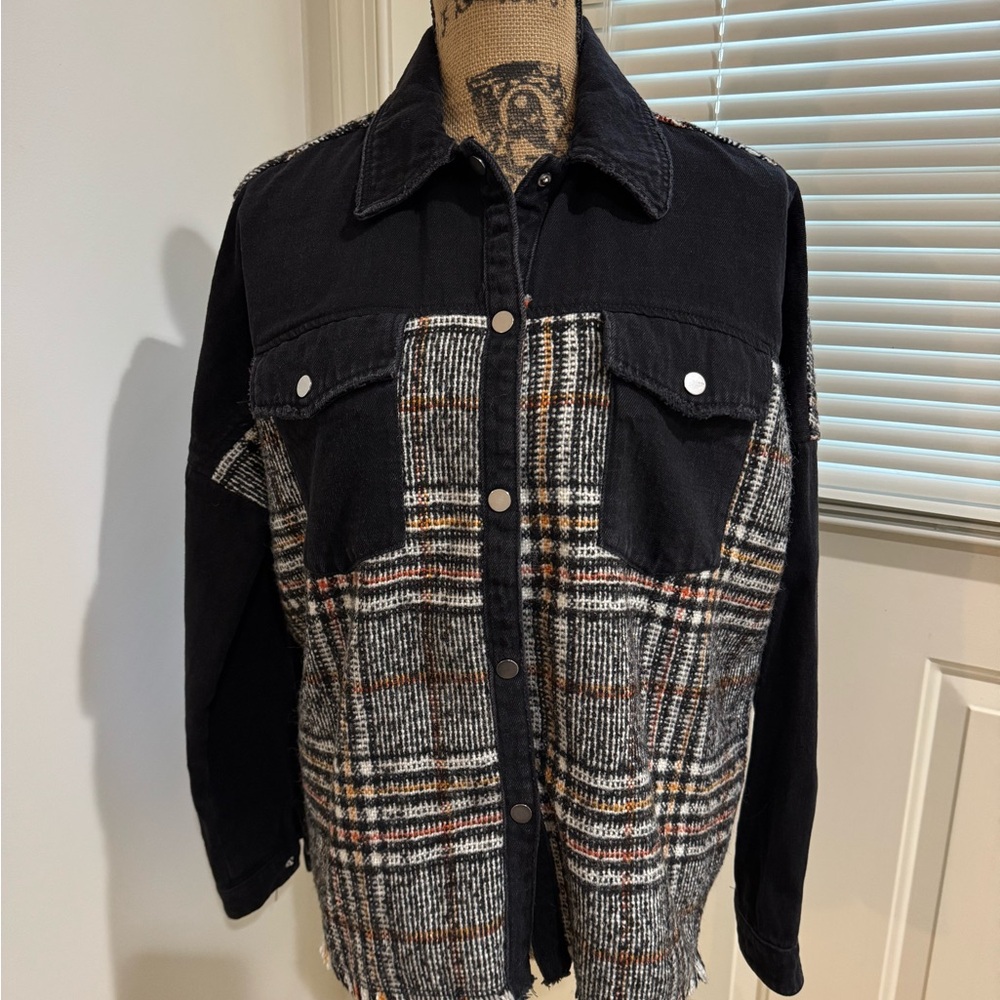 Zara Black, Gray & white Denim/tweed Plaid Men's Jacket size S or women size L